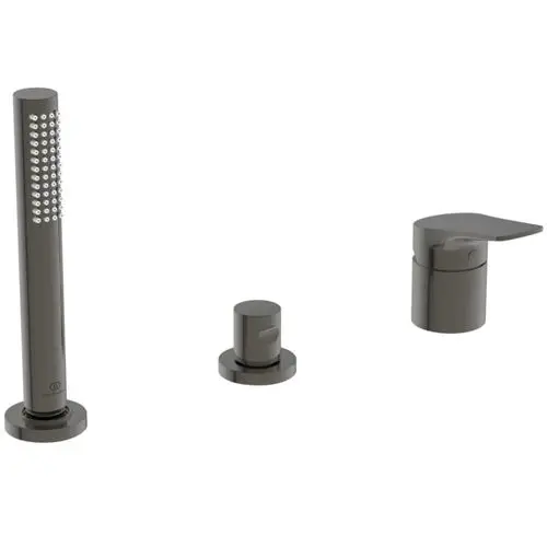 Badearmatur mit einer Handbrause und zwei Bedienelementen, in der Farbe Magnetic Grey, gefertigt von Ideal Standard. Entwurf für den Wannenrand, funktional und zeitgemäß.